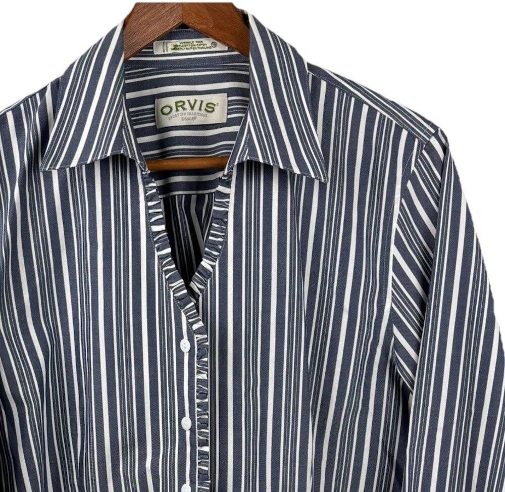 Orvis Women Blouse Collar Ruffle V-Neck Blue Striped Long Sleeve Button Up Sz 14